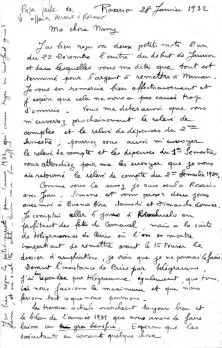 lettre à Nany, de janvier 32, parlant une dernière fois des suites de la succession, et des possibilités de travaux