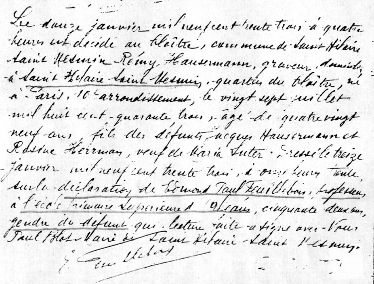 Décès de Rémy Hausermann 424 Transcription de l'acte de décès: "Le 12 janvier 1933 à 4 heures est décédé au Cloître, commune de Saint-Hilaire-Saint-Mesmin, Rémy Hausermann, graveur, domicilié à Saint-Hilaire-Saint-Mes…