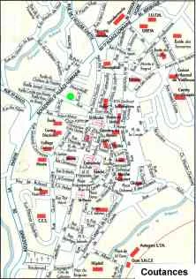 Plan de Coutances, un rond vert indique notre maison
