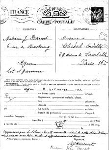 Carte interzone de Mme Jean Hersent, qui vivait à Agen.