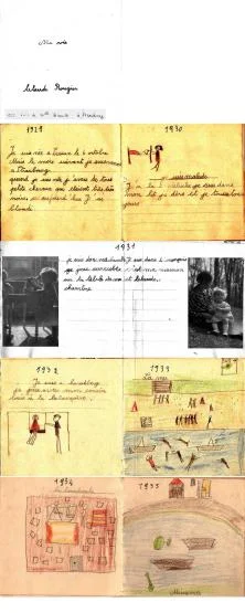 "Ma vie" : document réalisé par Claude à l'école de Mlle Brandt en 1936 à Strasbourg, voir ci-contre la transcription.
