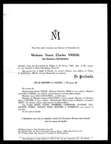 faire-part de décès de Madame Charles Vassal, 30 janvier 1967