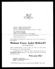 faire part de décès de Clotilde Maillet, décédée à Reims le 26 mars 1962