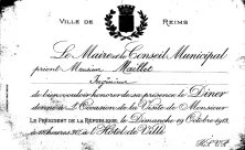 Invitation à un banquet à Reims à l'occasion de la visite du Président de la République, le 19 oct. 1913