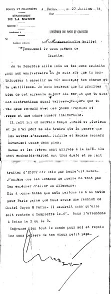 lettre à sa fille Suzanne, le 27 juillet 1914, elle est en vacances à Asnelles avec sa cousine Vonnette