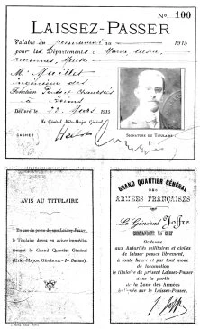 Laisser passer militaire du 23 mars 1915, pour circuler sur les routes du front qu'il devait entretenir