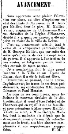 Article de journal lors de sa promotion comme Ingénieur en Chef des ponts et Chaussées.