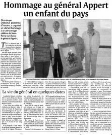 Récemment le Général Appert a été commémoré dans son village d'origine. Ci-dessus la presse locale en a rendu compte, un grand portrait à cheval du Général ayant été donné par la famille Besson. Ce portrait est une ph…