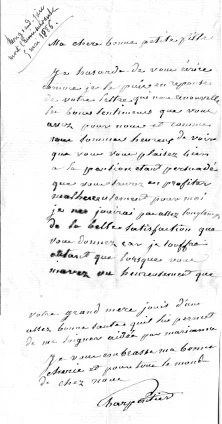 20 juin 1885, Peu avant sa mort, lettre de Joseph Charpentier à sa petite fille Marguerite Charpentier, 12 ans