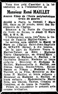 Avis d'inhumation, le 12 mars 31 à Reims