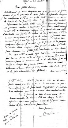 Lettre du parrain de Claude: Francis Scola, à Claude, 1935. Francis habitait Paris en 1935.