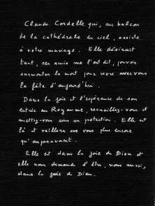 paroles prononcées par le prêtre au début de la cérémonie, en souvenir de Claude partie la veille, le 21 octobre 1988